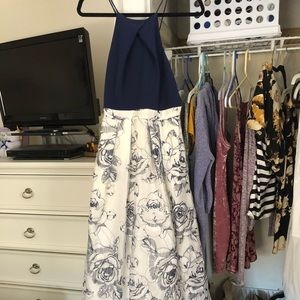 Navy Blue and White Floral Prom Dress